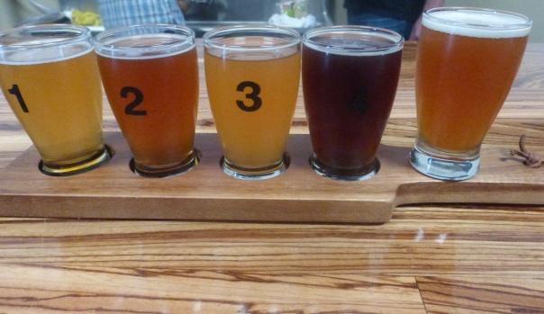 Left to right, Blonde, Pale, IPA, Strong Ale, Rye IPA.